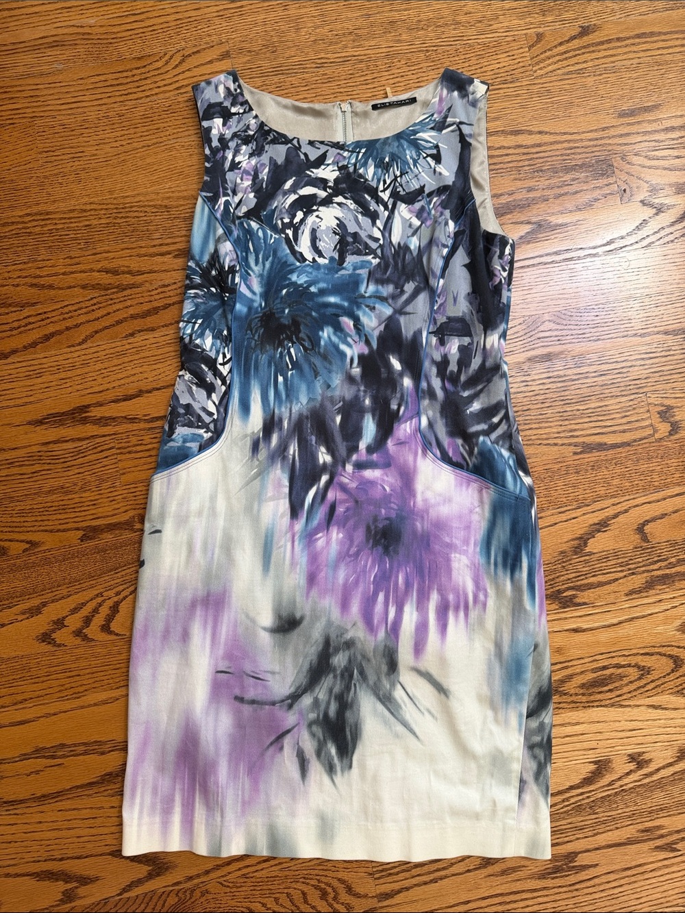 Elie Tahari Sleeveless Floral Mini Dress in Blue, Purple & Cream